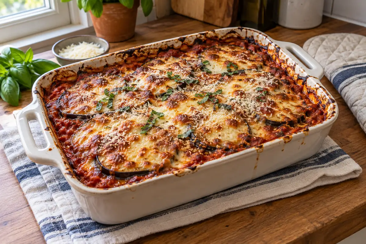 Baking dish of eggplant parmigiana fresh from the oven with bubbling cheese and tomato sauce