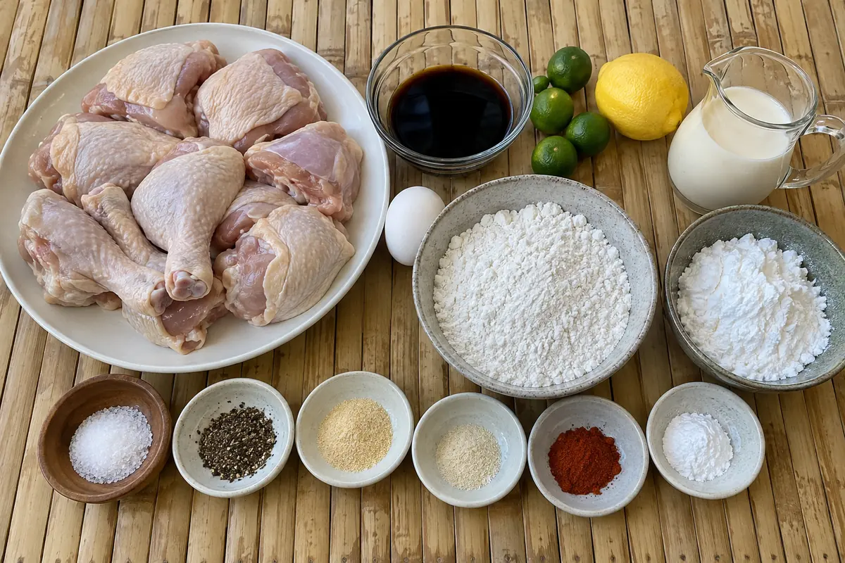 Ingredients for Filipino-style fried chicken: chicken, soy sauce, calamansi, evaporated milk, egg, flour, cornstarch and spices