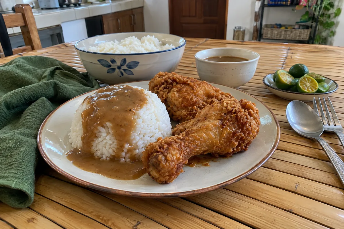 Filipino fried chicken served with steamed rice and brown gravy