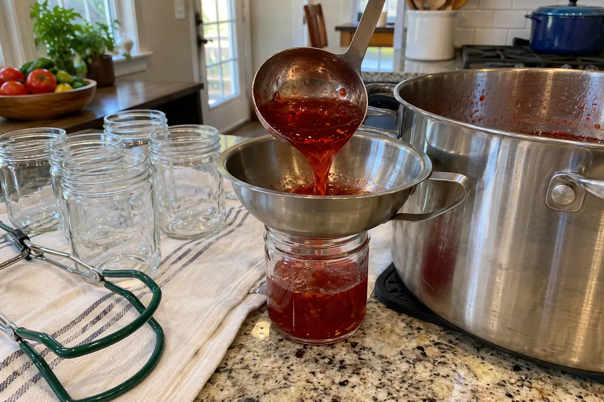 Ladling hot cherry soda cranberry cherry jelly into a jar through a canning funnel