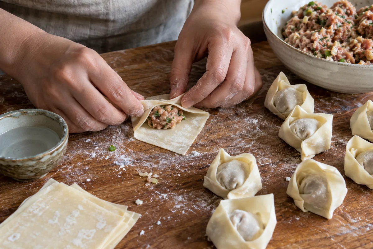 Hands folding pork wontons with filling and wrappers on a floured board