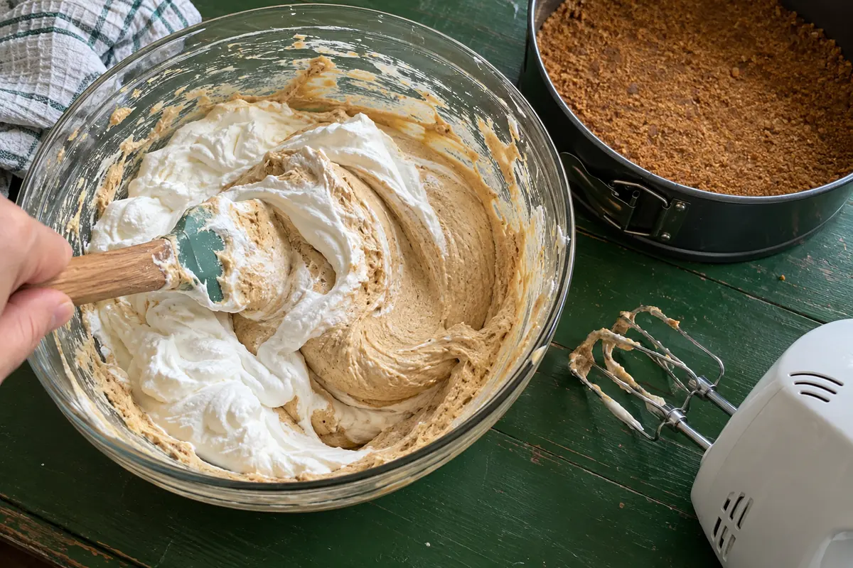 Folding whipped cream into the molasses cream cheese filling for gingerbread cheesecake