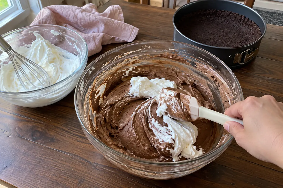 Folding whipped cream into the chocolate cream cheese filling for no-bake keto chocolate cheesecake