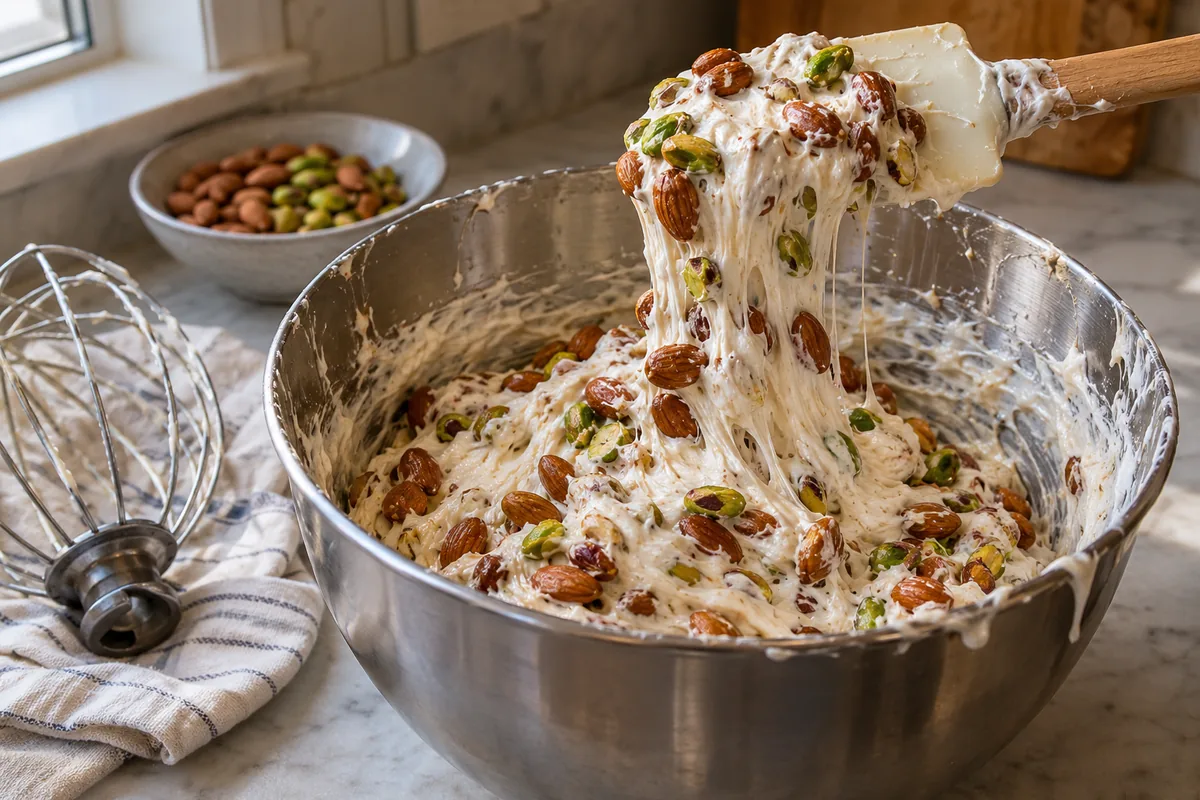 Toasted almonds and pistachios being folded into white honey nougat in a stand mixer bowl
