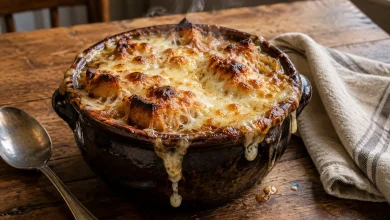 Dark ceramic crock of French onion soup topped with bubbling broiled cheese and croutons on a rustic wooden table