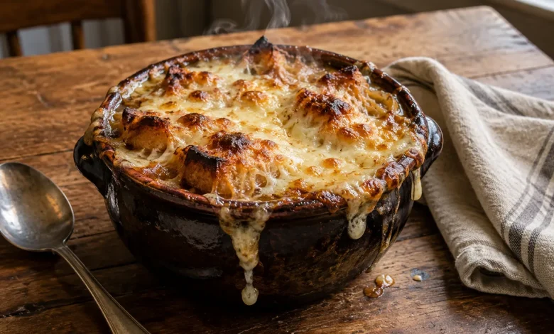 Dark ceramic crock of French onion soup topped with bubbling broiled cheese and croutons on a rustic wooden table