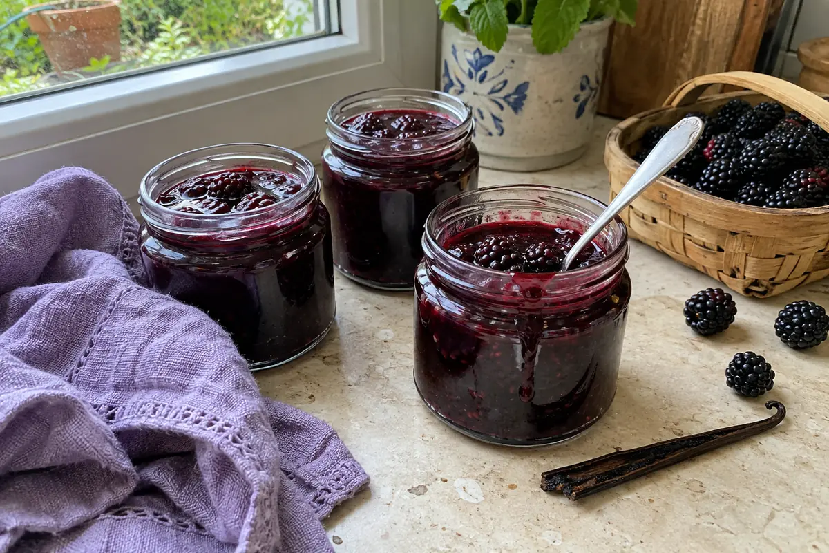 Jars of French-style blackberry vanilla jam with fresh blackberries and a vanilla bean