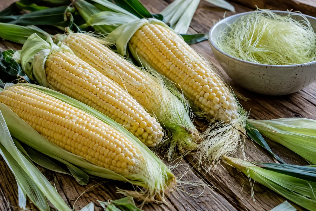 Fresh husked corn ears with silk and a bowl on a rustic table