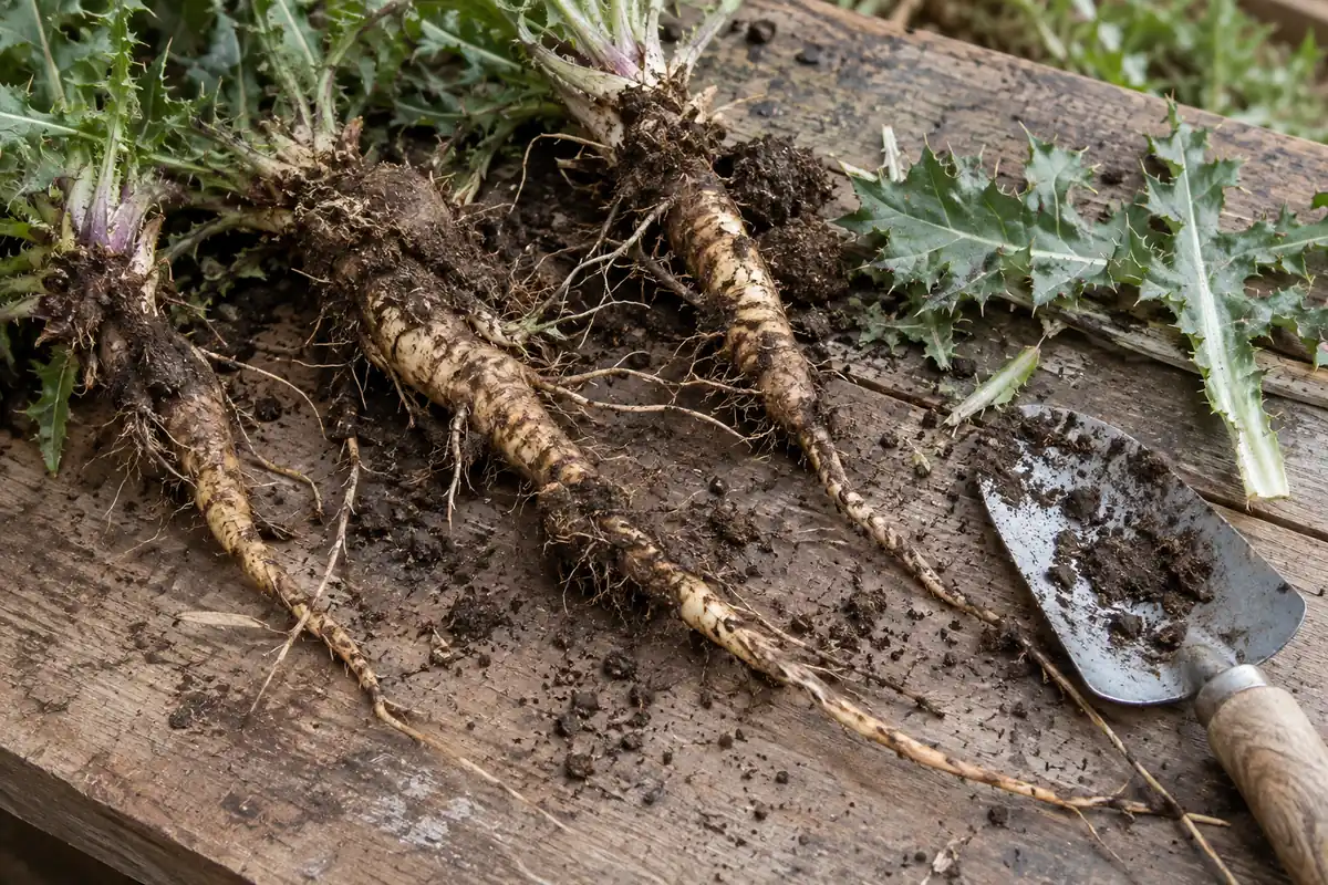 Freshly dug thistle taproots with dirt still on them on a wooden board beside a garden trowel