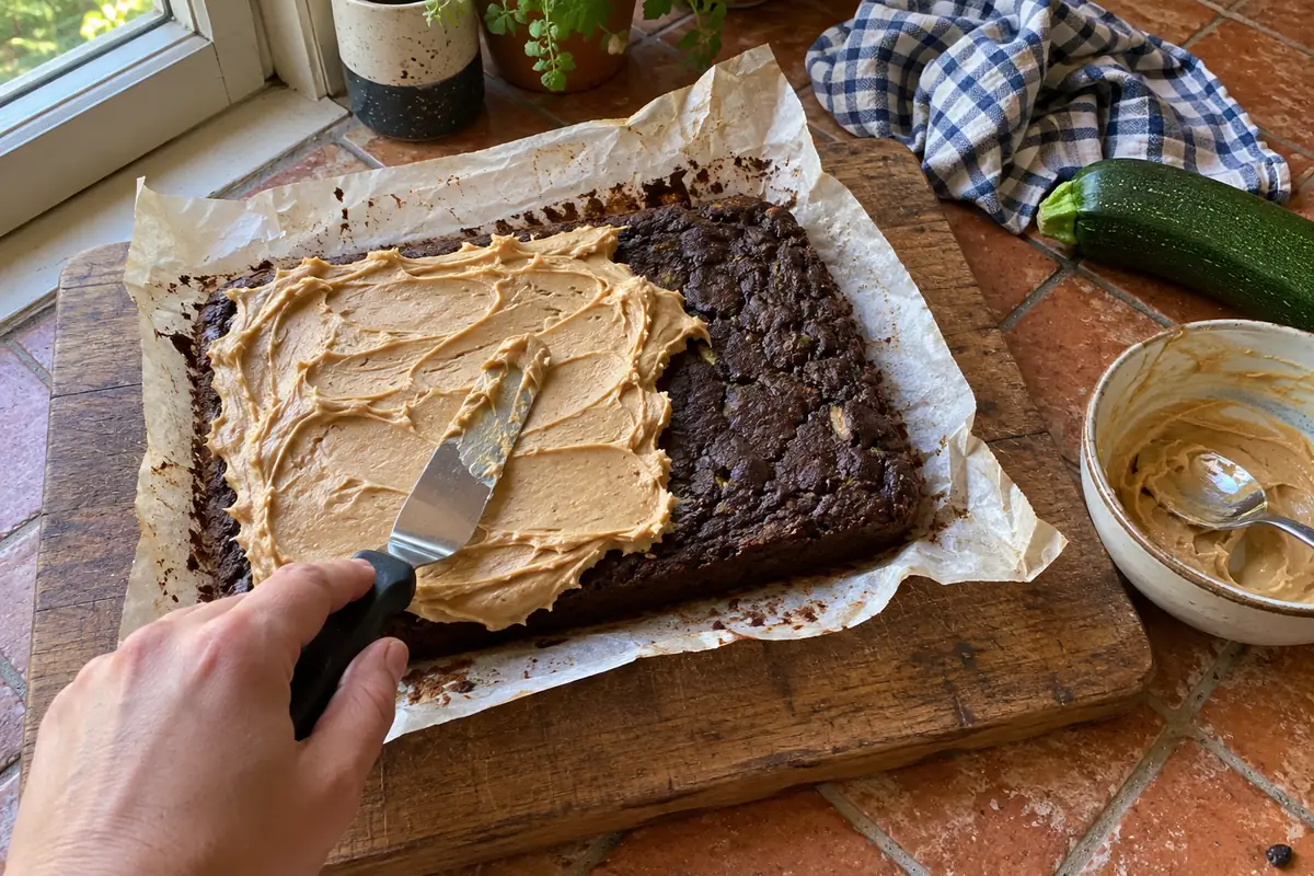 Spreading peanut butter frosting over a cooled slab of chocolate zucchini brownies