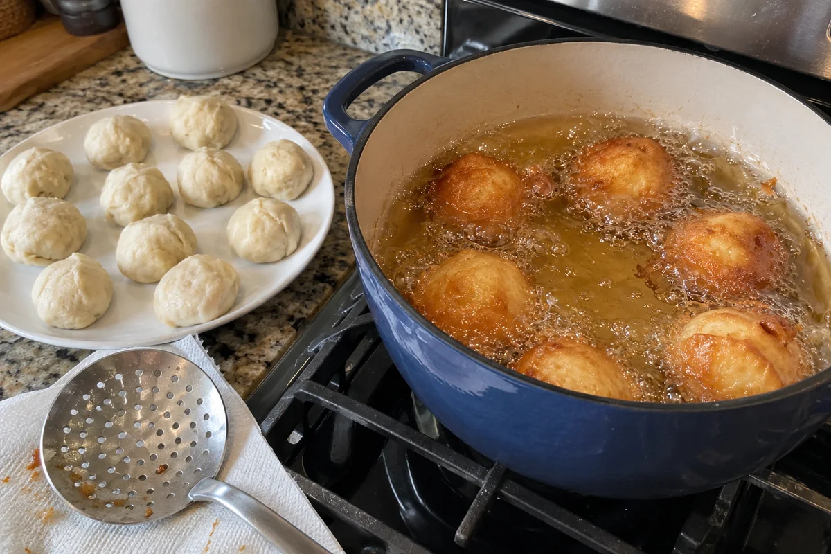 Filled dough balls frying in a pot of oil on a home stove