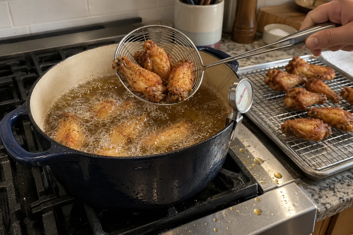 Chicken wings frying in oil in a heavy pot with a spider strainer