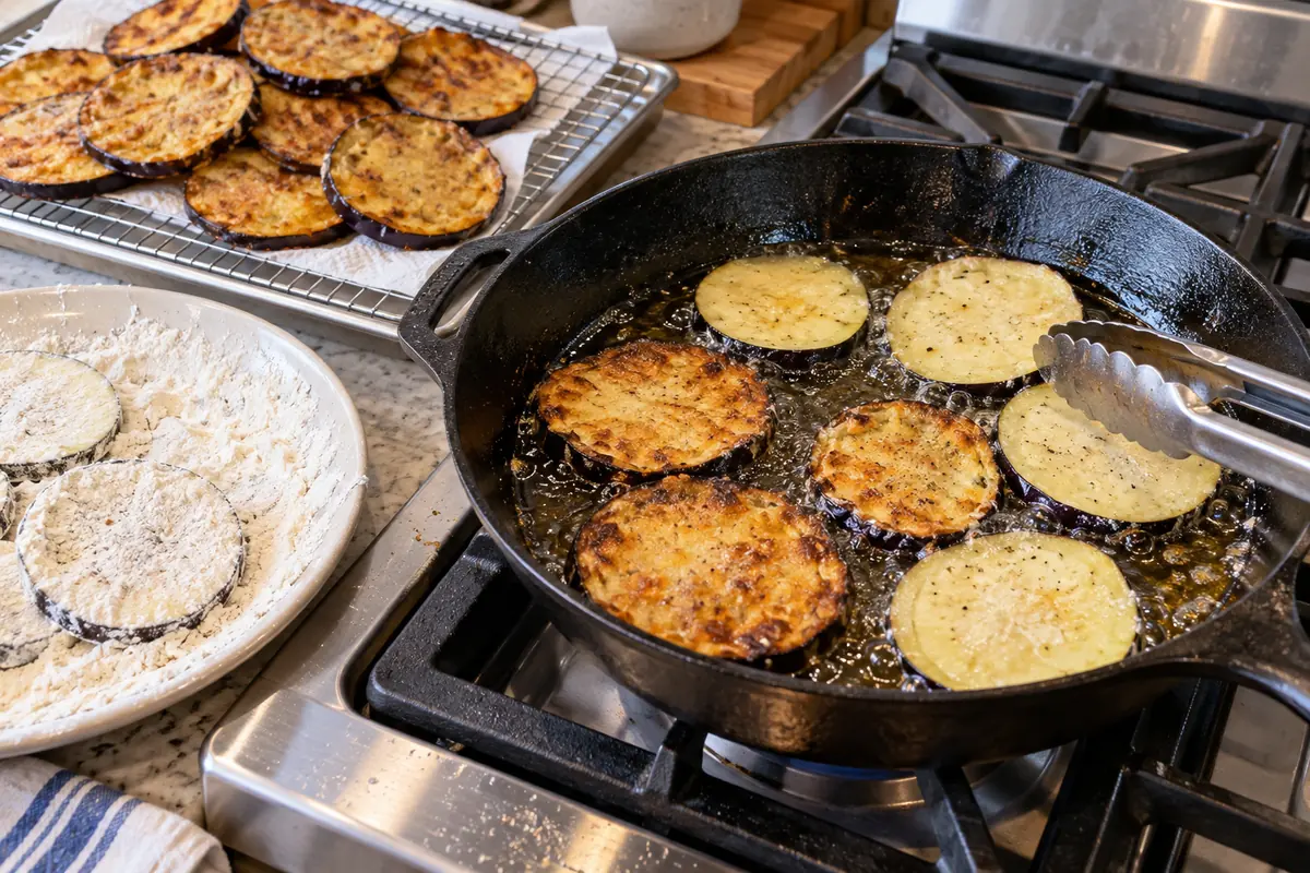 Golden eggplant slices frying in olive oil in a skillet for eggplant parmigiana