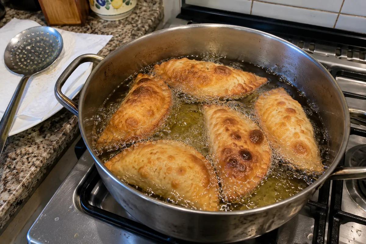 Homemade panzerotti frying in a pot of hot oil until deep golden