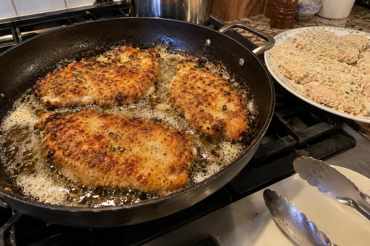 Breaded chicken cutlets frying in oil and butter in a skillet on a home stove
