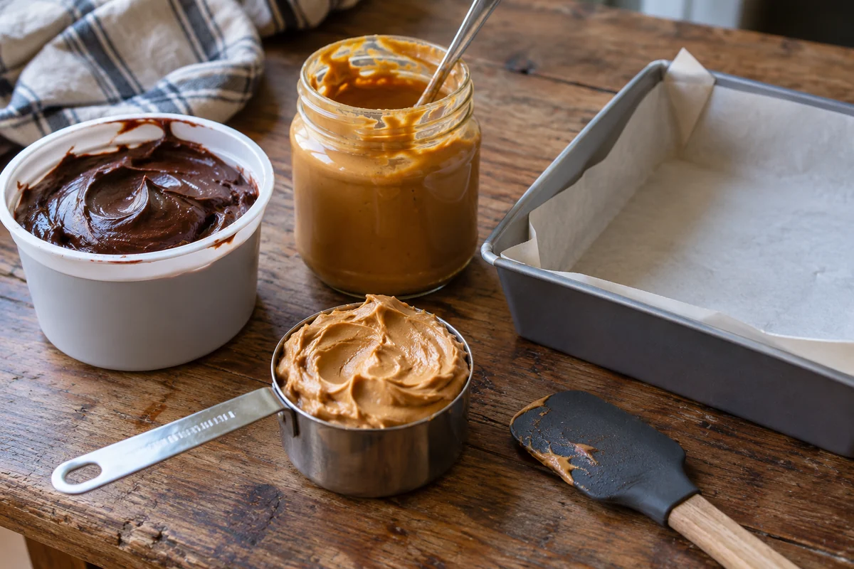 Ingredients for chocolate peanut butter fudge laid out on a table: a plain tub of chocolate frosting and a plain jar of creamy peanut butter