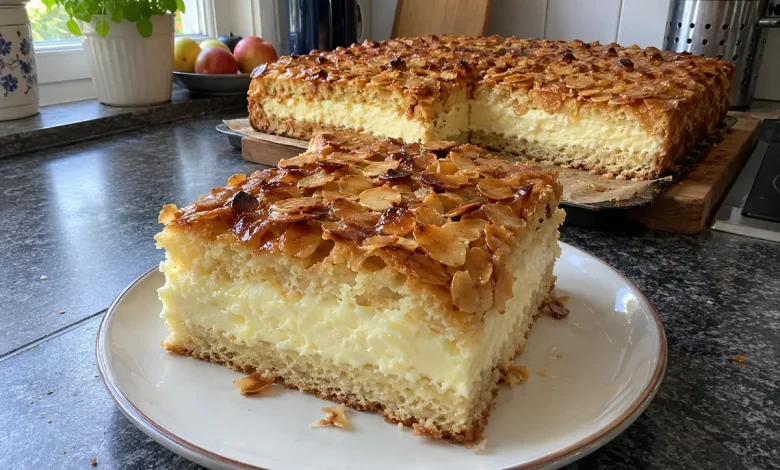 Big square slice of German bee sting cake on a plate showing caramelized almond top and thick cream layer, rest of sheet cake behind