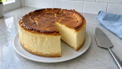 Whole German cheesecake with a tall golden-brown top on a shortcrust base, with one slice cut out