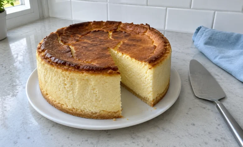 Whole German cheesecake with a tall golden-brown top on a shortcrust base, with one slice cut out