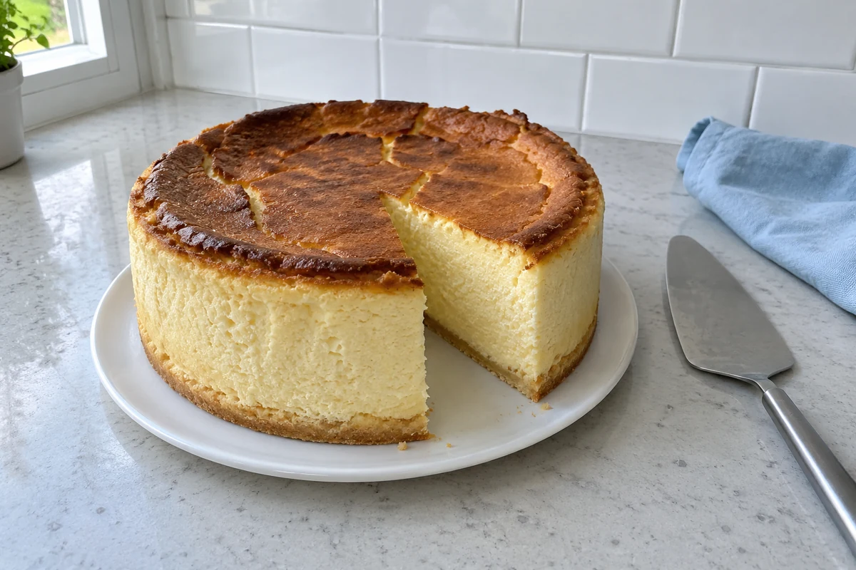 Whole German cheesecake with a tall golden-brown top on a shortcrust base, with one slice cut out