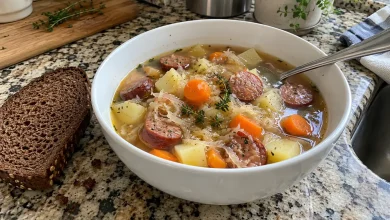 White bowl of German sauerkraut soup with smoked sausage rounds, potatoes, carrots and thyme next to a slice of dark rye bread