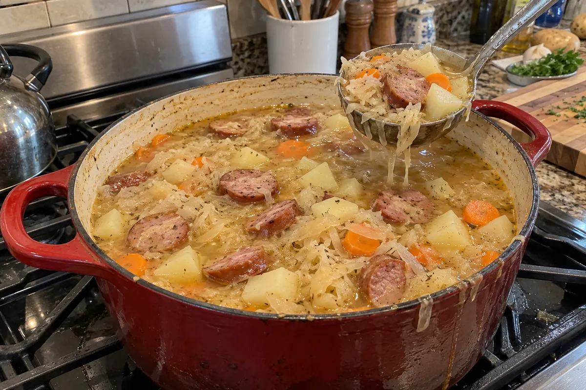 Large pot of German sauerkraut soup simmering on a stovetop with a ladle
