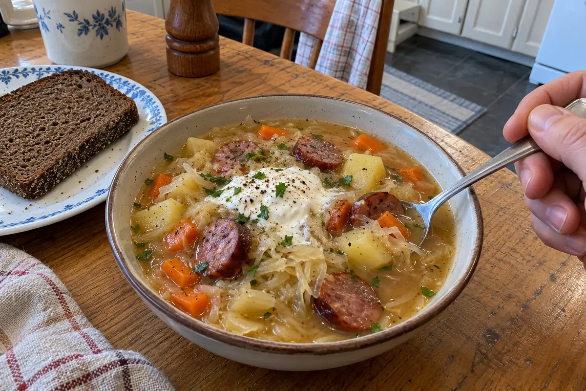 Bowl of German sauerkraut soup topped with sour cream, served with rye bread and a spoon