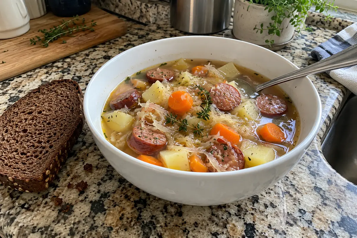 White bowl of German sauerkraut soup with smoked sausage rounds, potatoes, carrots and thyme next to a slice of dark rye bread