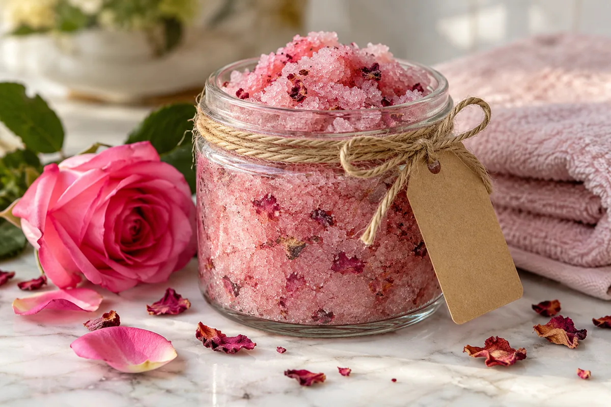 Gift-ready jar of rose sugar scrub tied with twine and a blank kraft tag next to a fresh rose and a folded towel