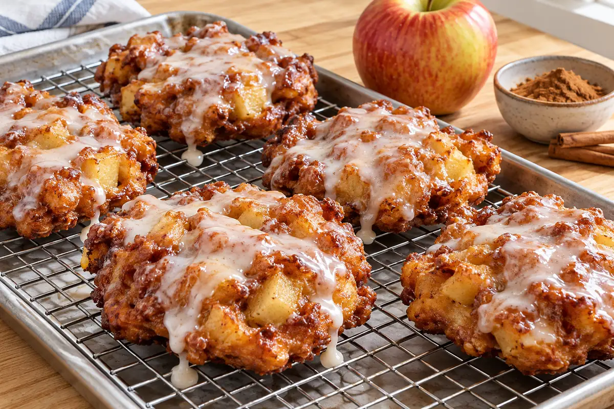 Glazed apple fritters cooling on a wire rack
