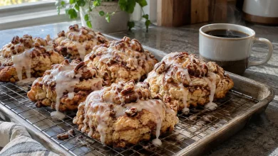 Glazed cinnamon bun drop scones with chopped pecans on a wire cooling rack beside a mug of coffee