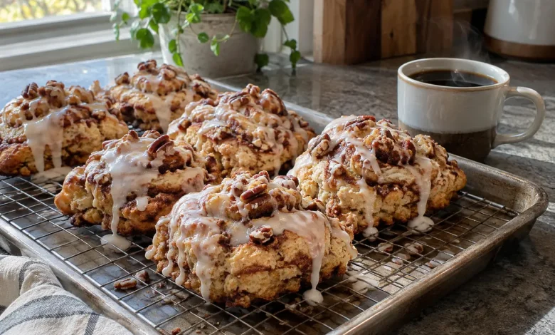 Glazed cinnamon bun drop scones with chopped pecans on a wire cooling rack beside a mug of coffee