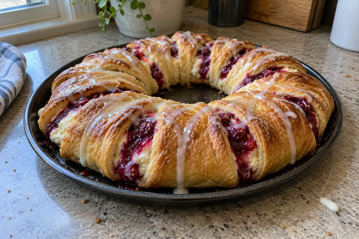 Baked glazed raspberry cream cheese crescent ring on a round dark pan on a home kitchen counter with raspberry peeking out and glaze drips