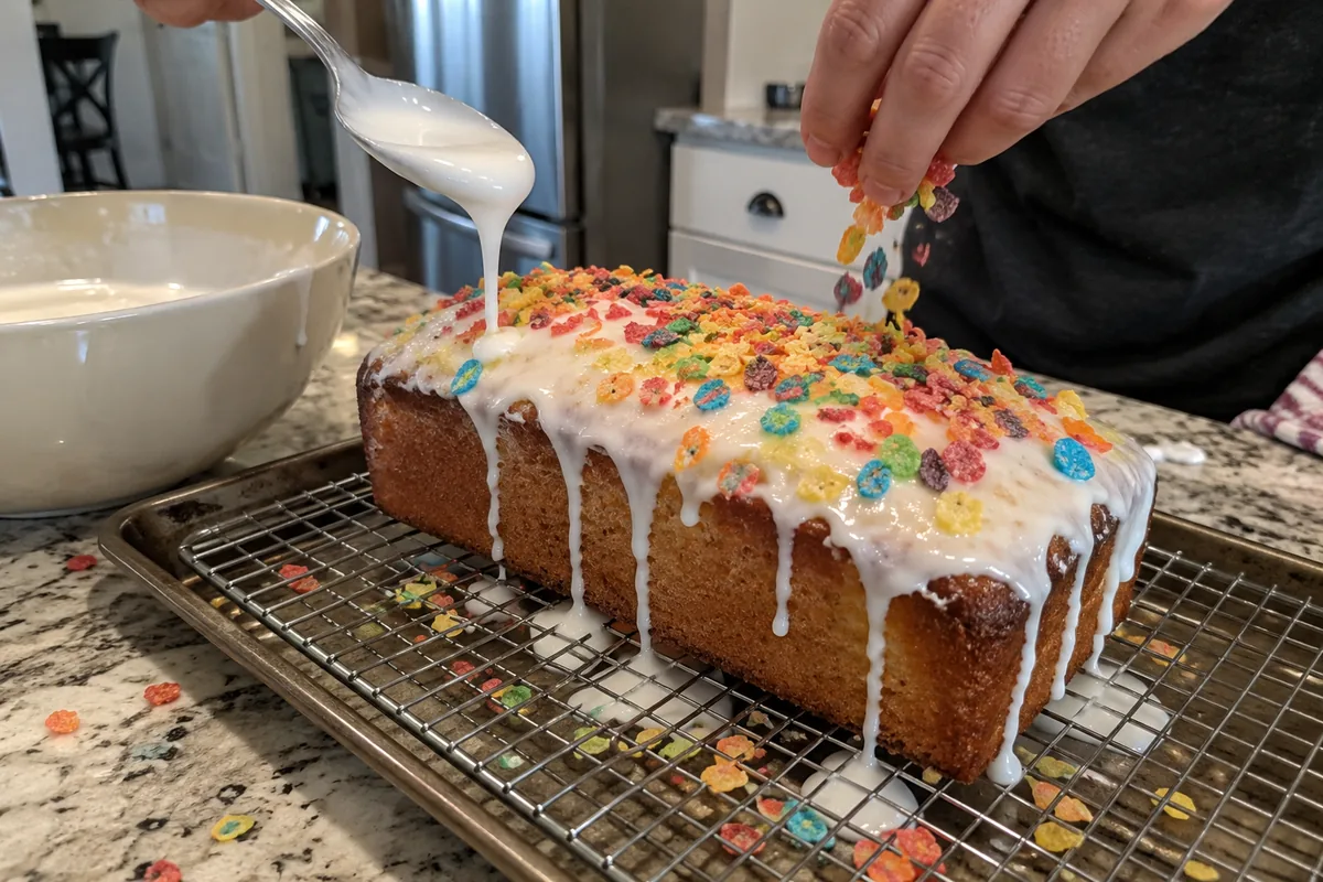 White glaze being poured over a mini pound cake loaf as colorful fruity cereal is sprinkled on top
