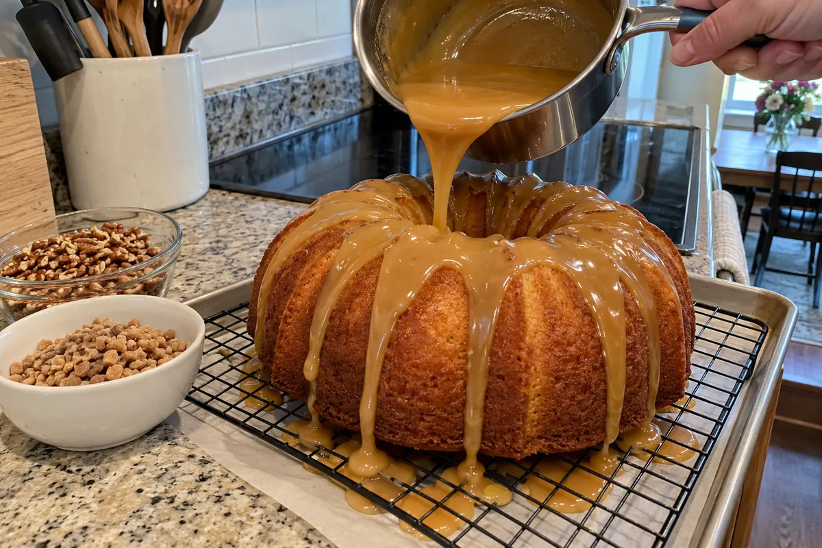 Pouring warm caramel glaze from a saucepan over a cooled Bundt pound cake on a wire rack