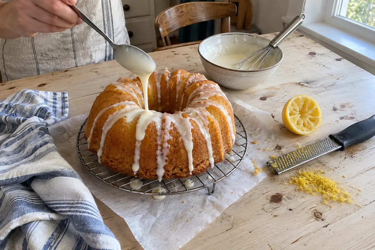 Spooning fresh lemon glaze over a cooled lemon bundt cake