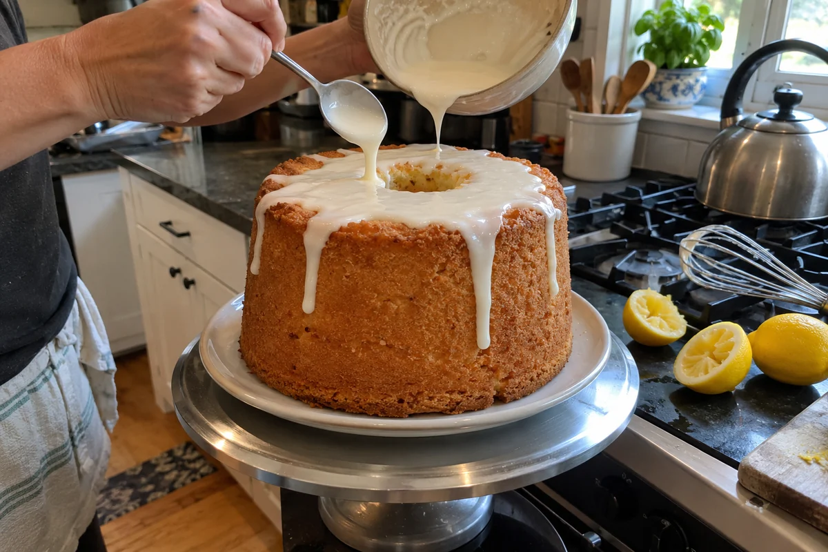 White lemon glaze being poured over a tall golden tube pound cake