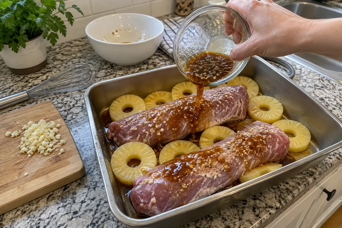 Pouring honey soy garlic glaze over pork tenderloins and pineapple rings for pineapple pork tenderloin