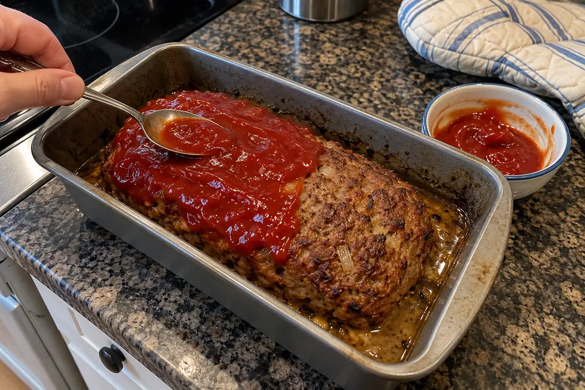 Spreading ketchup glaze over a baked stuffing meatloaf in a loaf pan