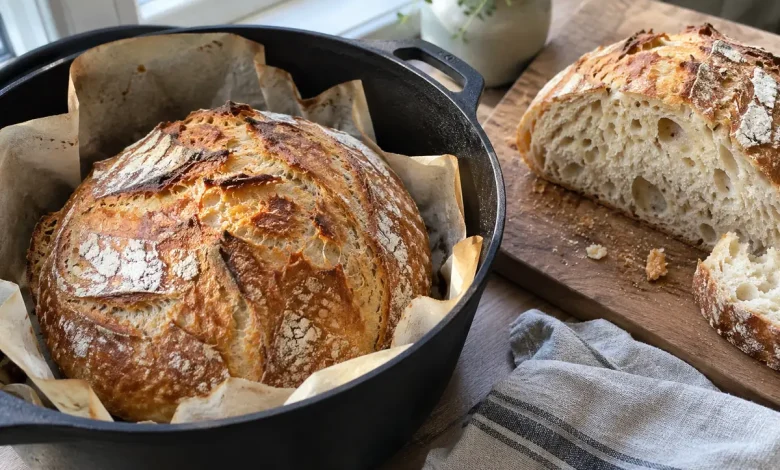 Golden crusty no knead bread loaf in an open Dutch oven on parchment with a cut half showing the airy crumb beside it