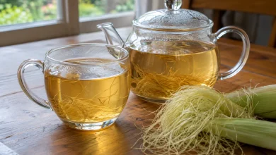 Clear glass mug of golden corn silk tea with strands of silk and a glass teapot beside it