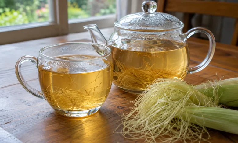 Clear glass mug of golden corn silk tea with strands of silk and a glass teapot beside it