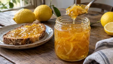 Open jar of golden lemon honey marmalade with a spoon lifting some, beside toast on a plate and whole lemons