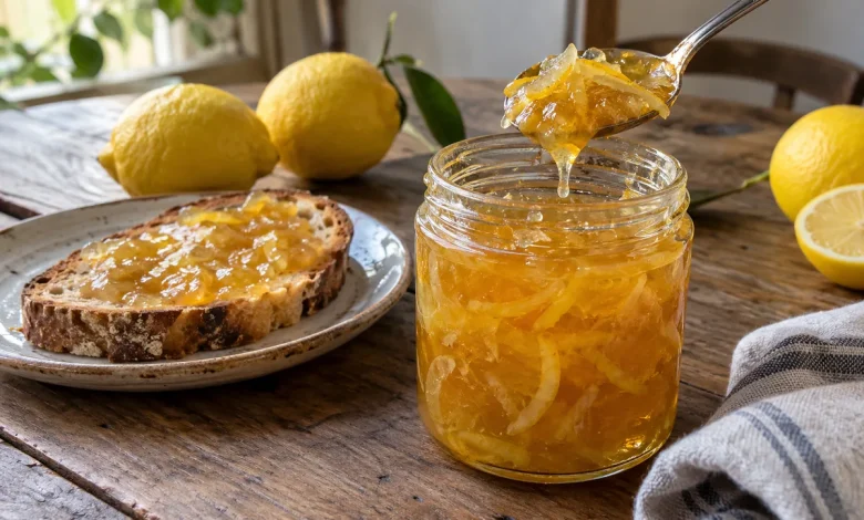 Open jar of golden lemon honey marmalade with a spoon lifting some, beside toast on a plate and whole lemons