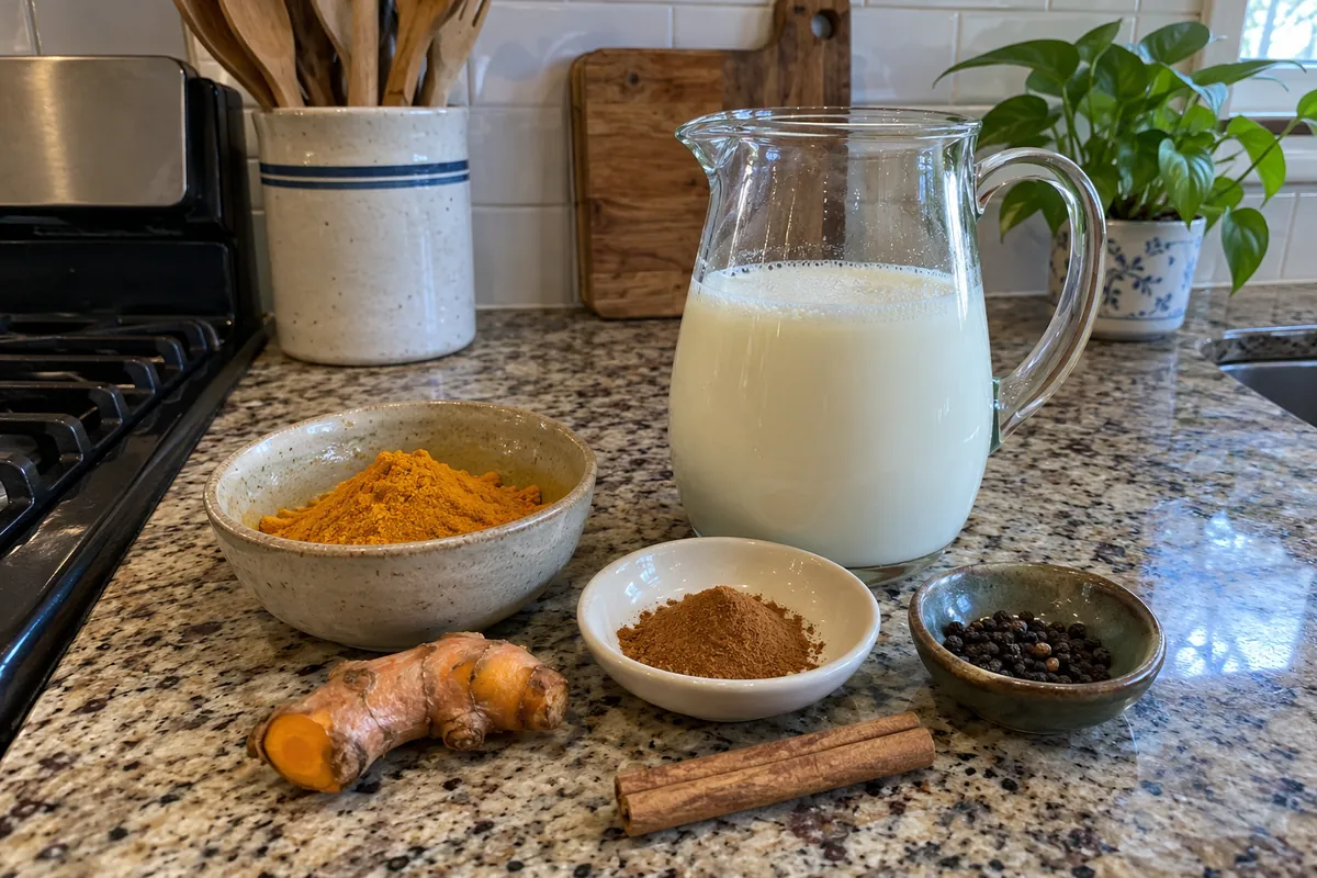 Ingredients for golden turmeric milk in plain unlabeled bowls: milk, ground turmeric, cinnamon, black pepper and fresh turmeric root
