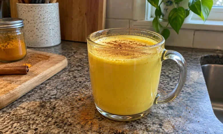 Glass mug of golden turmeric milk with a dusting of cinnamon on a kitchen counter