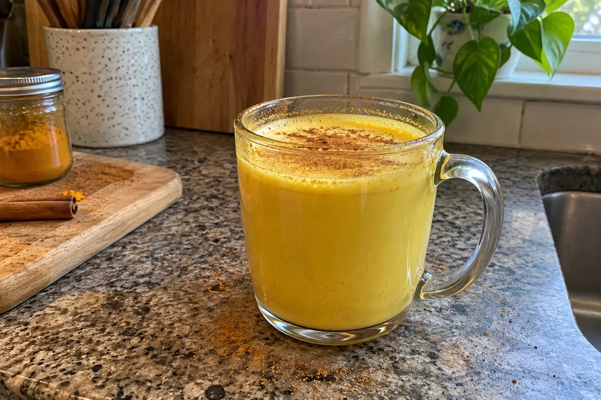 Glass mug of golden turmeric milk with a dusting of cinnamon on a kitchen counter