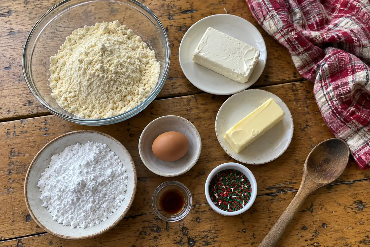 Ingredients for Christmas gooey butter cookies: cake mix, cream cheese, butter, egg, vanilla, red and green sprinkles and powdered sugar