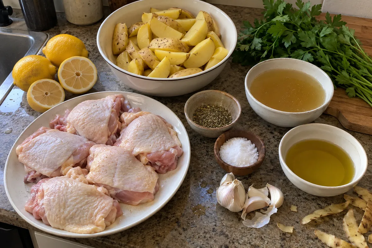 Ingredients for Greek lemon chicken and potatoes in plain bowls: chicken thighs, potatoes, lemons, garlic, olive oil, oregano and parsley