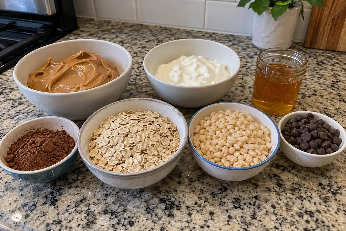 Ingredients for greek yogurt brownie crunch bars: peanut butter, Greek yogurt, honey, cocoa powder, rolled oats, crisp rice cereal and dark chocolate chips